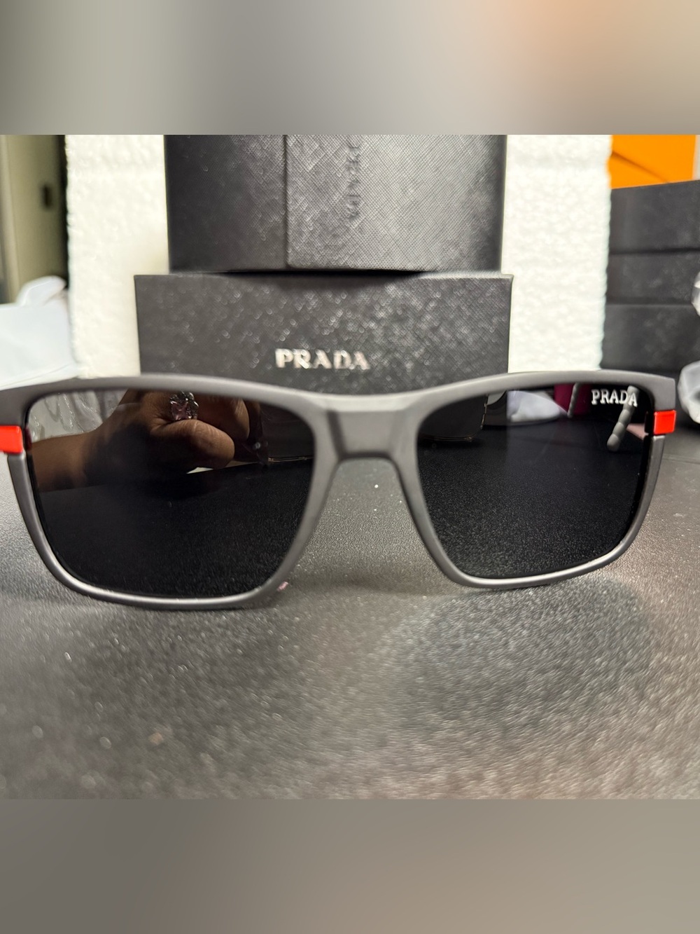 Prada Black Matte Square Sunglasses with Dark Lenses